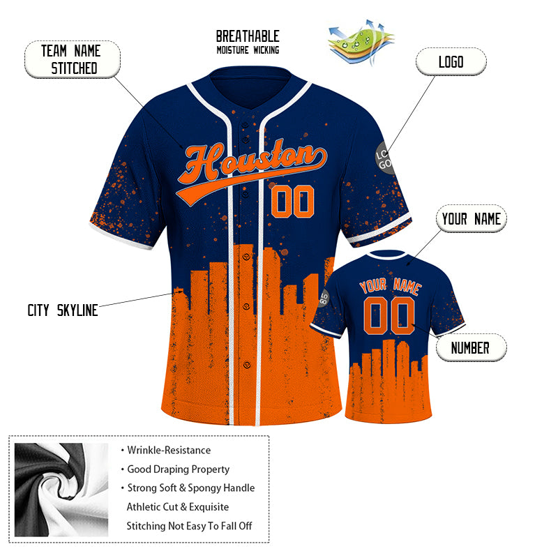 Custom Embroidered Houston City Skyline Baseball Jersey, Hip-Hop Inkjet Design, Personalized Your Name & Number