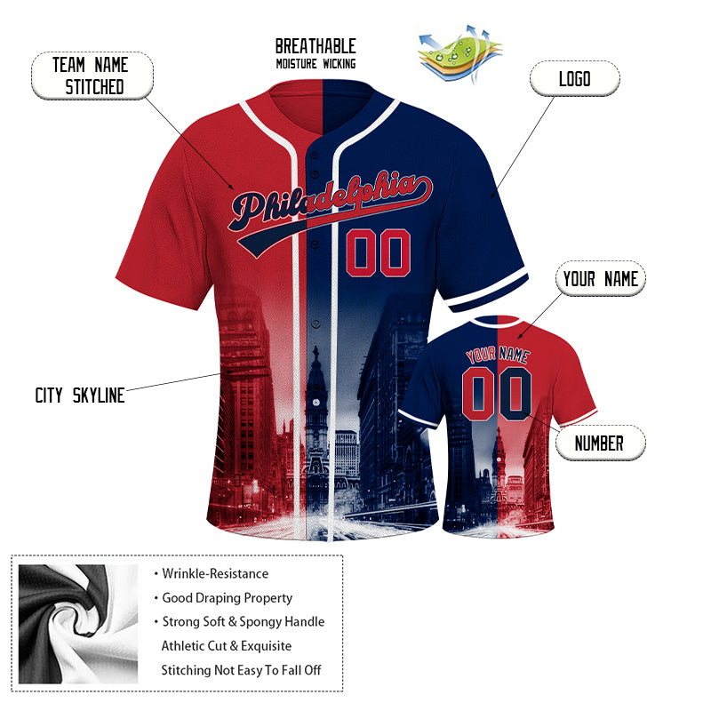 Custom Embroidered Philadelphia City Skyline Baseball Jersey, Hip-Hop Two-tone Design, Personalized Your Name & Number