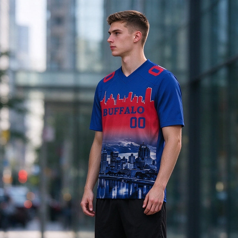 Custom Embroidered Buffalo City Skyline Football Jersey, Personalized Football Sports T-Shirts For Men Women Youth Boy
