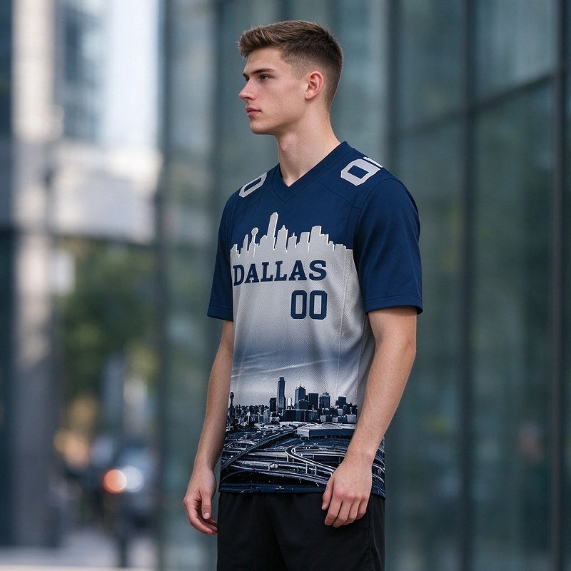 Custom Embroidered Dallas City Skyline Football Jersey, Personalized Football Sports T-Shirts For Men Women Youth Boy