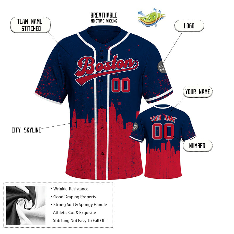 Custom Embroidered Boston City Skyline Baseball Jersey, Hip-Hop Inkjet Design, Personalized Your Name & Number