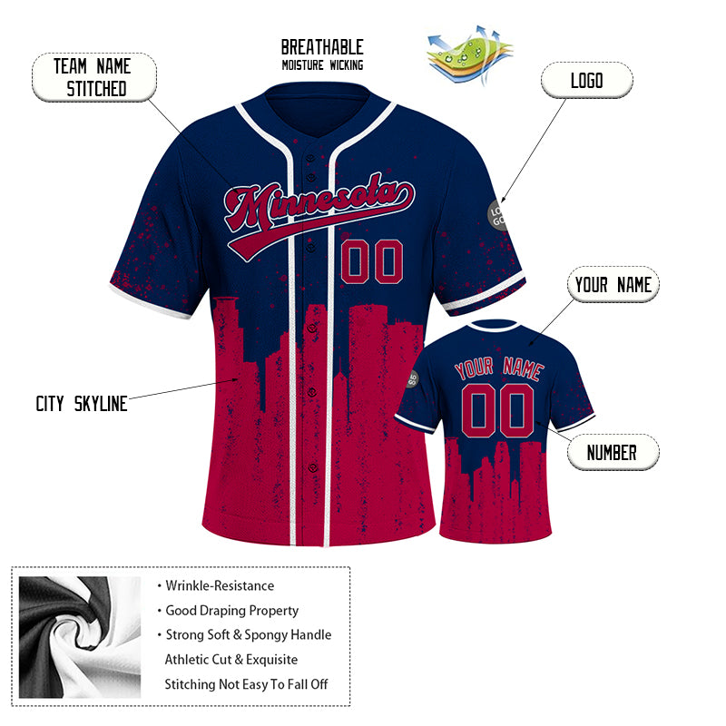 Custom Embroidered Minnesota City Skyline Baseball Jersey, Hip-Hop Inkjet Design, Personalized Your Name & Number