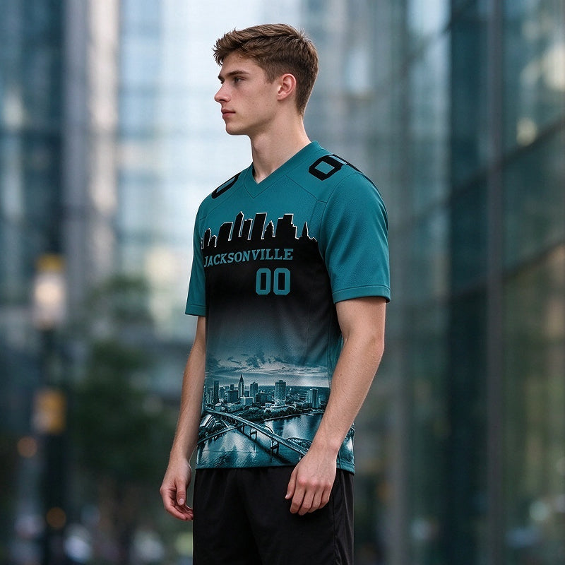 Custom Embroidered Jacksonville City Skyline Football Jersey, Personalized Football Sports T-Shirts For Men Women Youth Boy