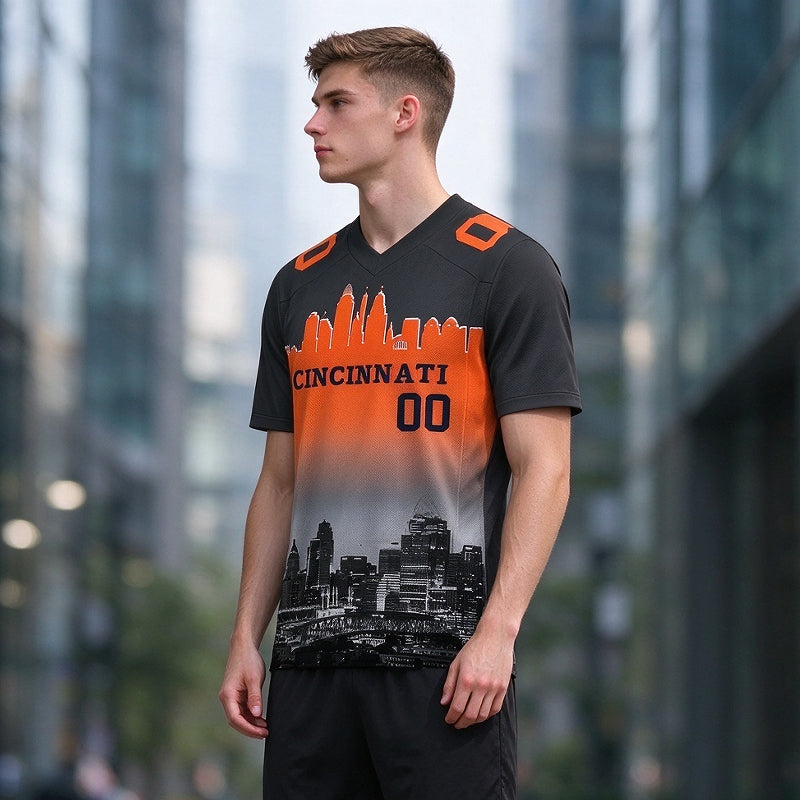Custom Embroidered Cincinnati City Skyline Football Jersey, Personalized Football Sports T-Shirts For Men Women Youth Boy
