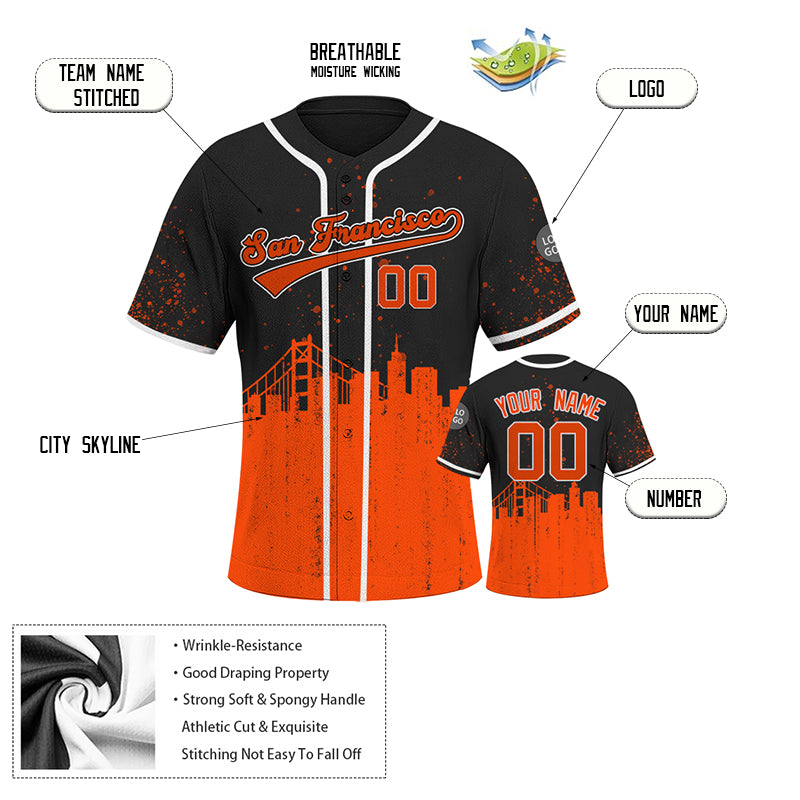 Custom Embroidered San Francisco City Skyline Baseball Jersey, Hip-Hop Inkjet Design, Personalized Your Name & Number