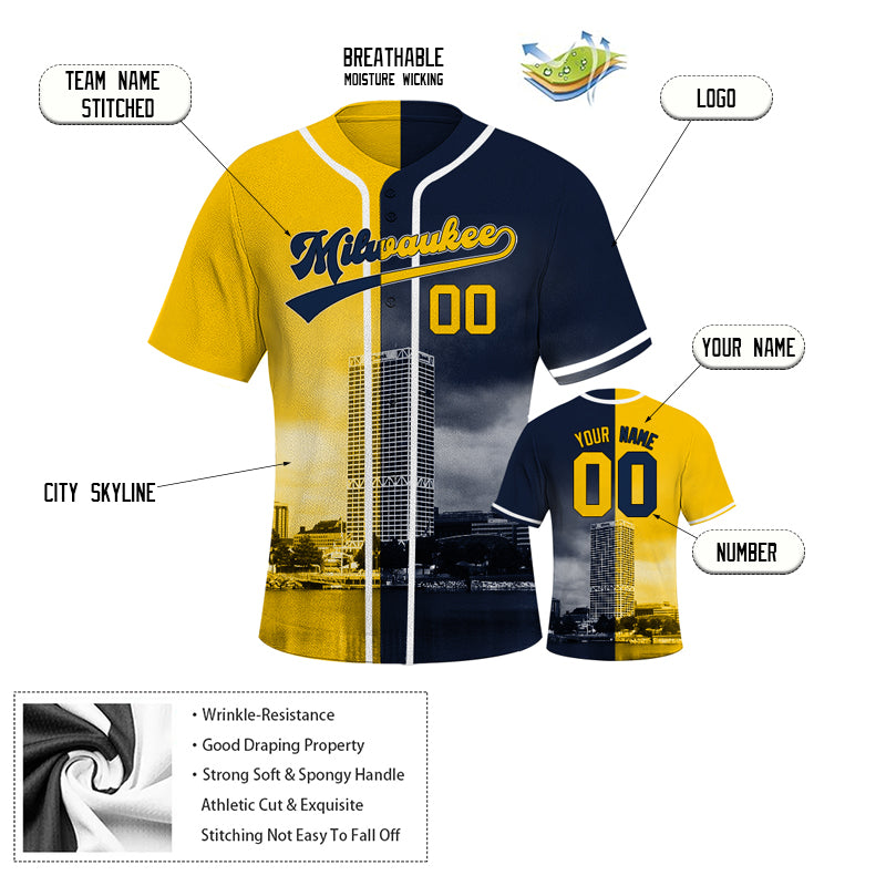 Custom Embroidered Milwaukee City Skyline Baseball Jersey, Hip-Hop Two-tone Design, Personalized Your Name & Number