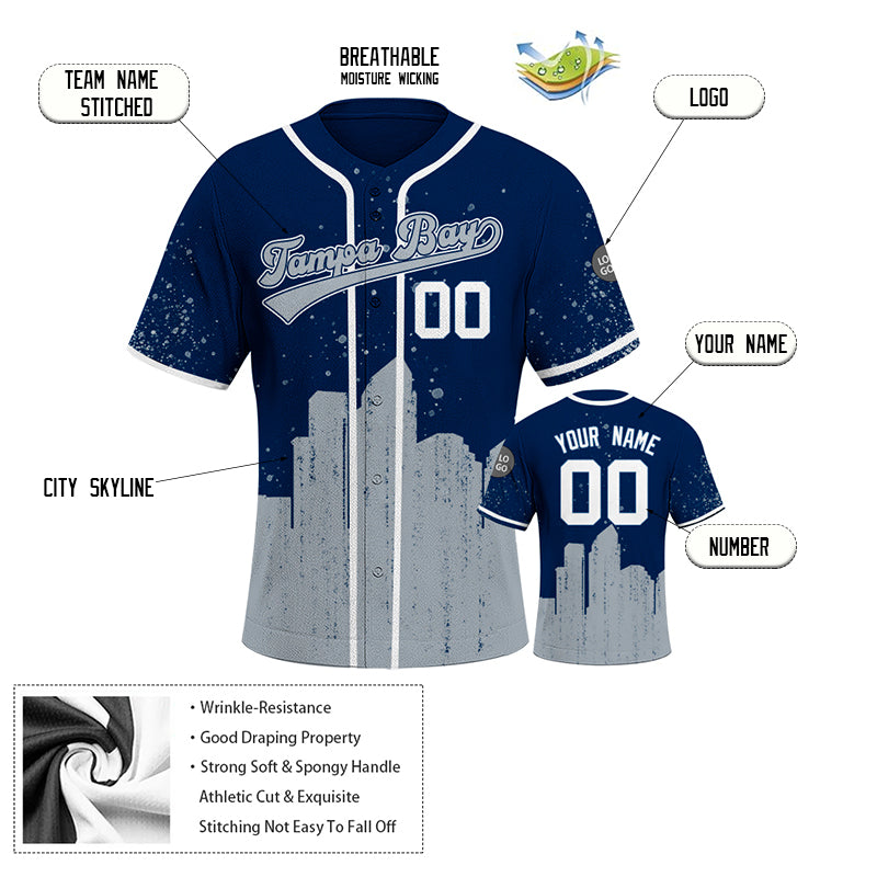 Custom Embroidered Tampa Bay City Skyline Baseball Jersey, Hip-Hop Inkjet Design, Personalized Your Name & Number