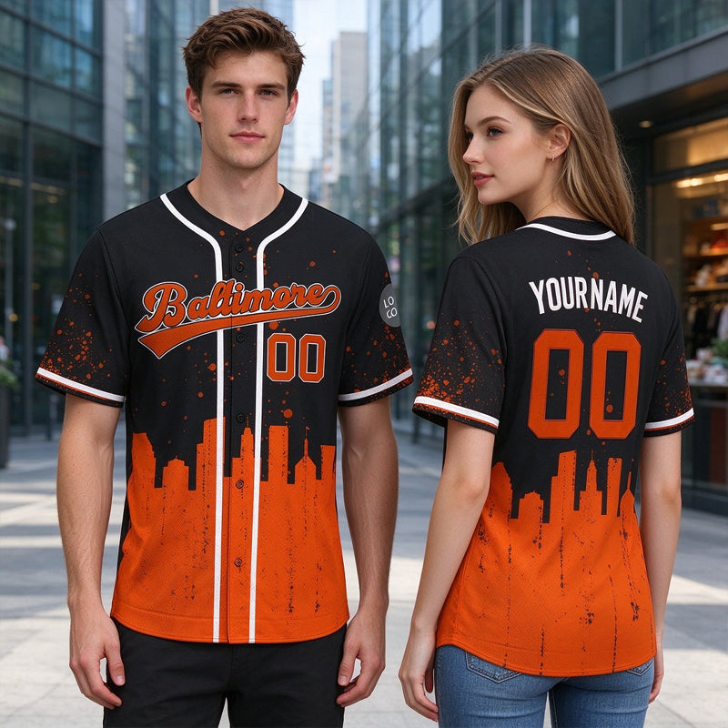 Custom Embroidered Baltimore City Skyline Baseball Jersey, Hip-Hop Inkjet Design, Personalized Your Name & Number