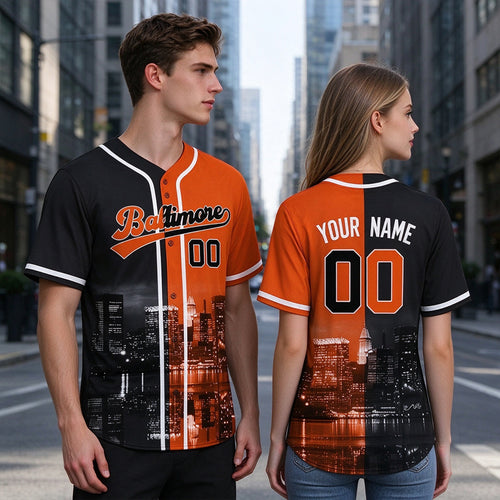 Custom Embroidered Baltimore City Skyline Baseball Jersey, Hip-Hop Two-tone Design, Personalized Your Name & Number