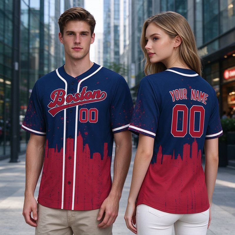 Custom Embroidered Boston City Skyline Baseball Jersey, Hip-Hop Inkjet Design, Personalized Your Name & Number