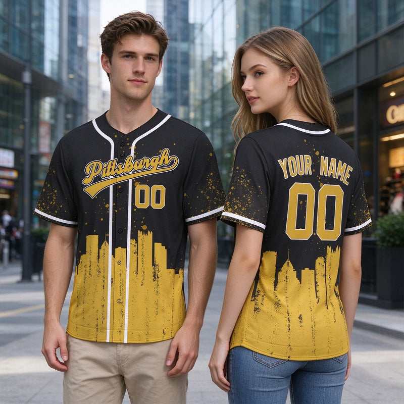 Custom Embroidered Pittsburgh City Skyline Baseball Jersey, Hip-Hop Inkjet Design, Personalized Your Name & Number