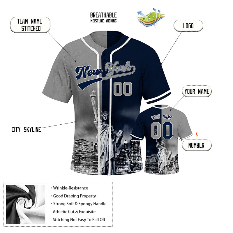 Custom Embroidered New York City Skyline Baseball Jersey, Hip-Hop Two-tone Design, Personalized Your Name & Number
