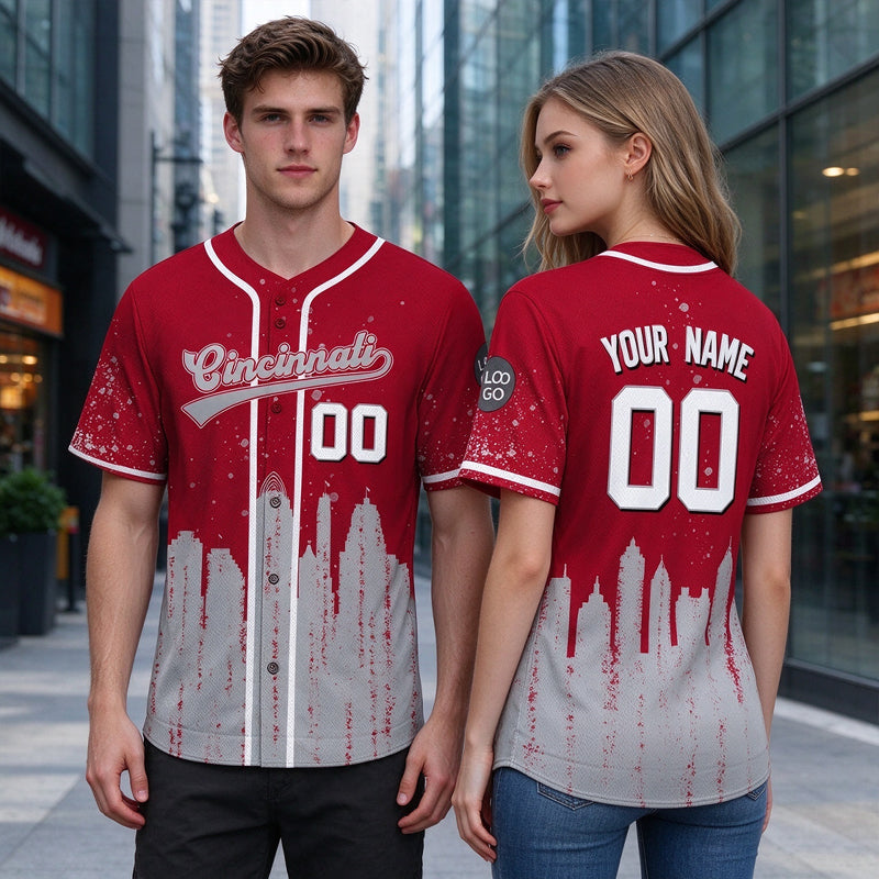 Custom Embroidered Cincinnati City Skyline Baseball Jersey, Hip-Hop Inkjet Design, Personalized Your Name & Number