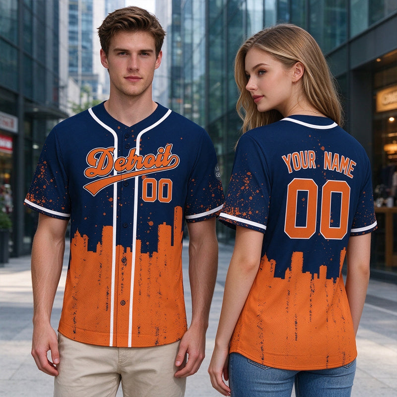Custom Embroidered Detroit City Skyline Baseball Jersey, Hip-Hop Inkjet Design, Personalized Your Name & Number