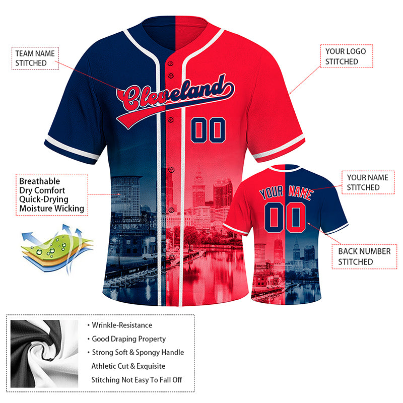 Custom Embroidered Cleveland City Skyline Baseball Jersey, Hip-Hop Two-tone Design, Personalized Your Name & Number