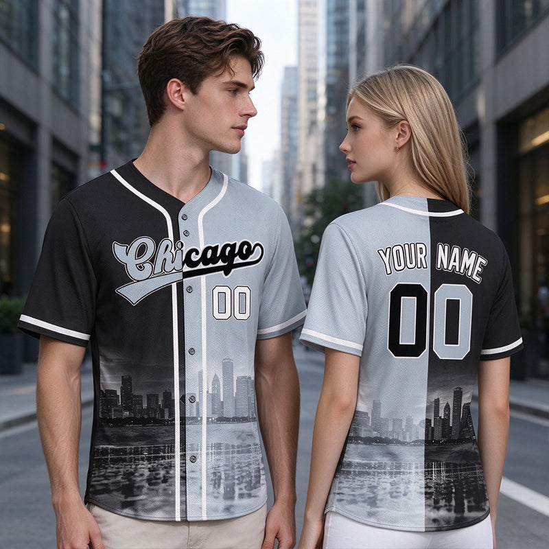 Custom Embroidered Chicago City Skyline Baseball Jersey, Hip-Hop Two-tone Design, Personalized Your Name & Number