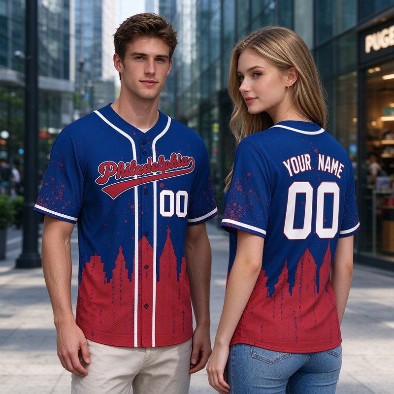 Custom Embroidered Philadelphia City Skyline Baseball Jersey, Hip-Hop Inkjet Design, Personalized Your Name & Number