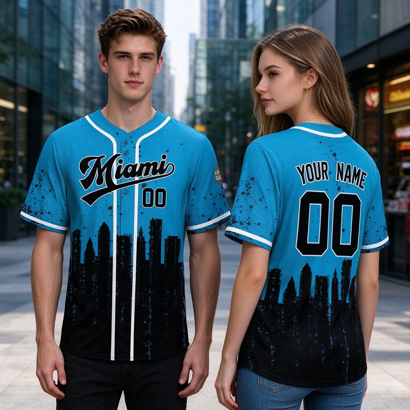 Custom Embroidered Miami City Skyline Baseball Jersey, Hip-Hop Inkjet Design, Personalized Your Name & Number