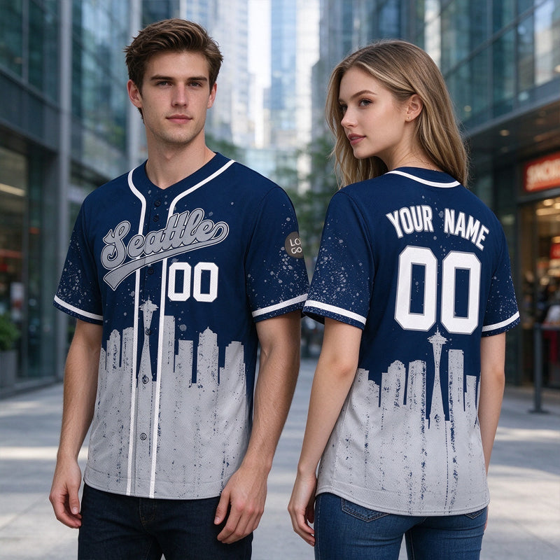 Custom Embroidered Seattle City Skyline Baseball Jersey, Hip-Hop Inkjet Design, Personalized Your Name & Number