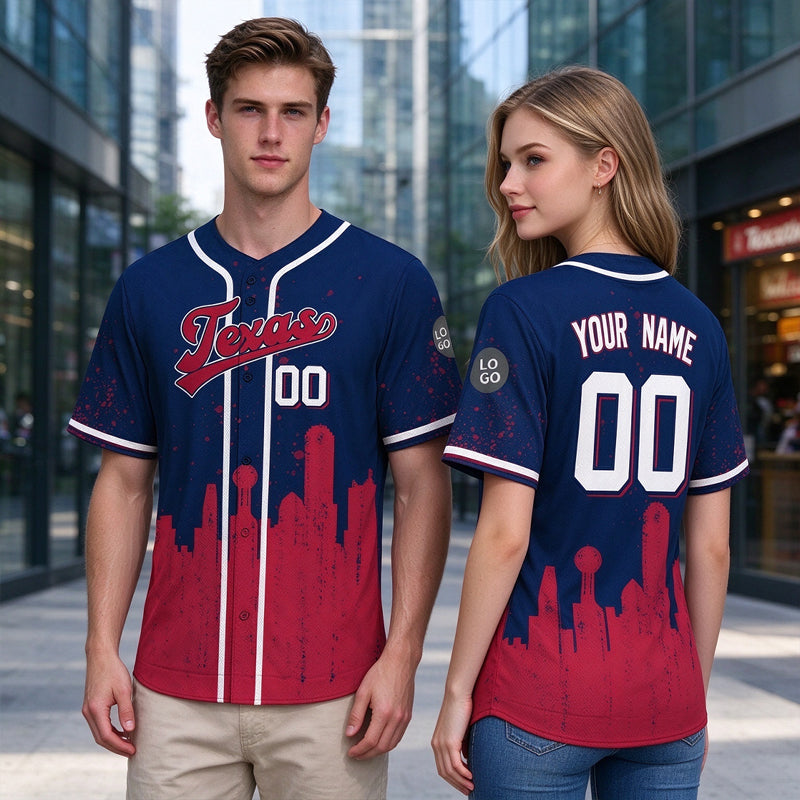 Custom Embroidered Texas City Skyline Baseball Jersey, Hip-Hop Inkjet Design, Personalized Your Name & Number