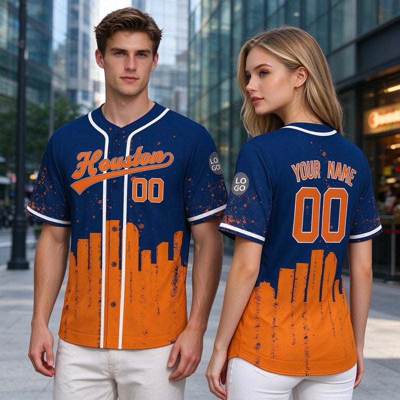 Custom Embroidered Houston City Skyline Baseball Jersey, Hip-Hop Inkjet Design, Personalized Your Name & Number