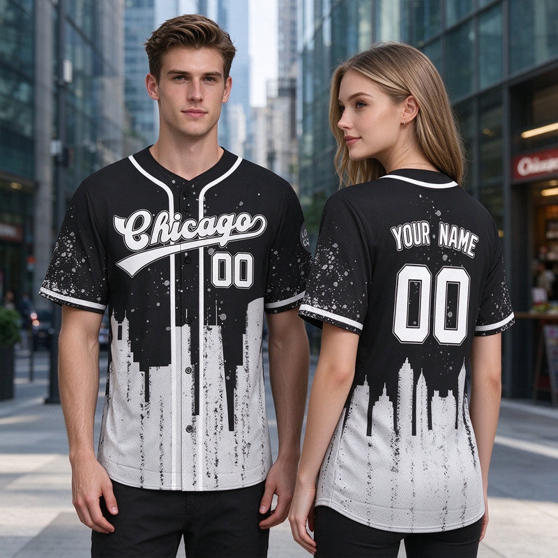 Custom Embroidered Chicago City Skyline Baseball Jersey, Hip-Hop Inkjet Design, Personalized Your Name & Number