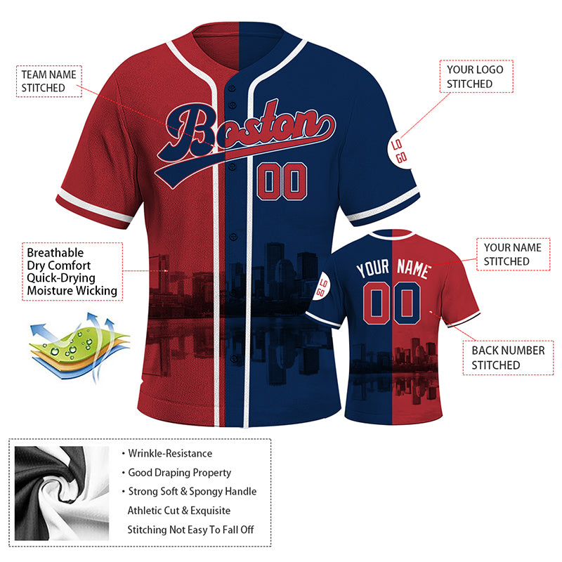Custom Embroidered Boston City Skyline Baseball Jersey, Hip-Hop Two-tone Design, Personalized Your Name & Number