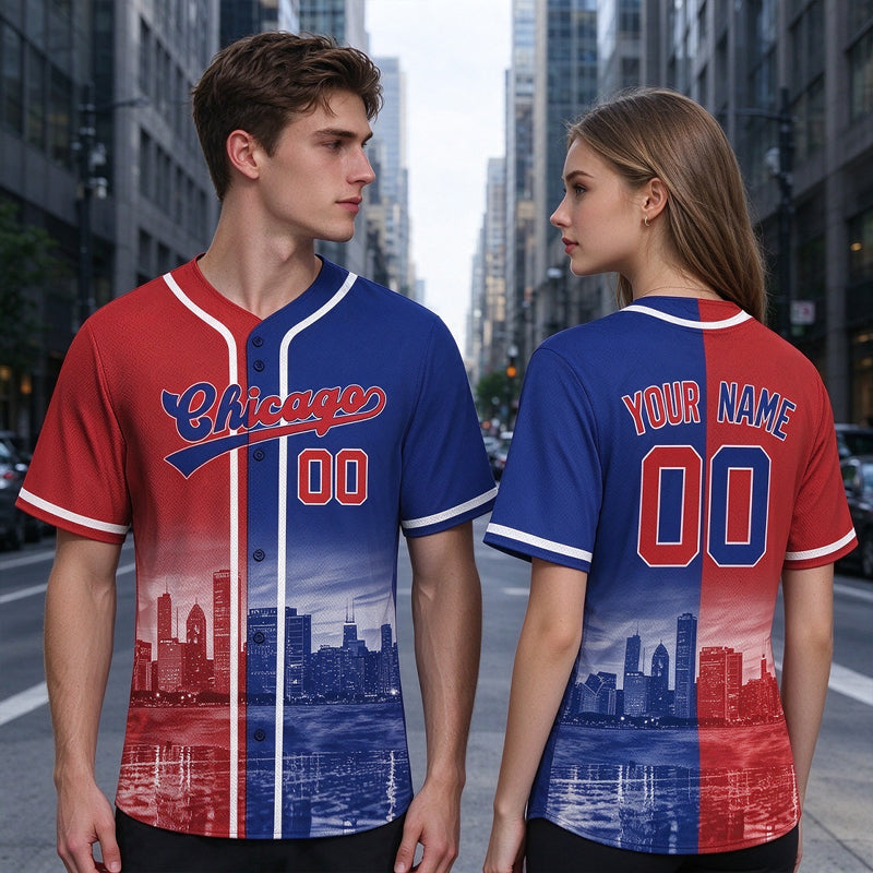 Custom Embroidered Chicago City Skyline Baseball Jersey, Hip-Hop Two-tone Design, Personalized Your Name & Number