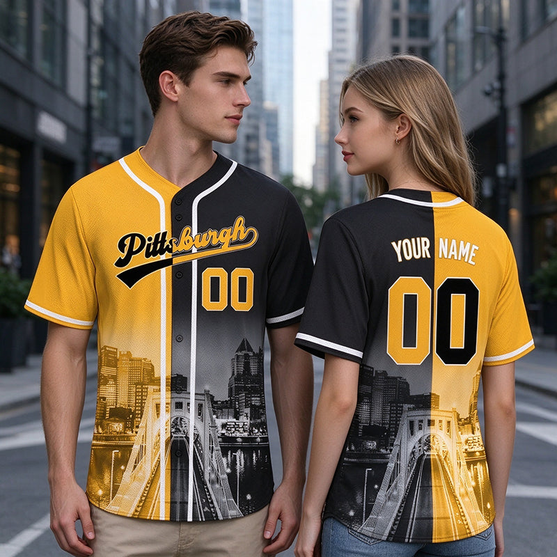 Custom Embroidered Pittsburgh City Skyline Baseball Jersey, Hip-Hop Two-tone Design, Personalized Your Name & Number