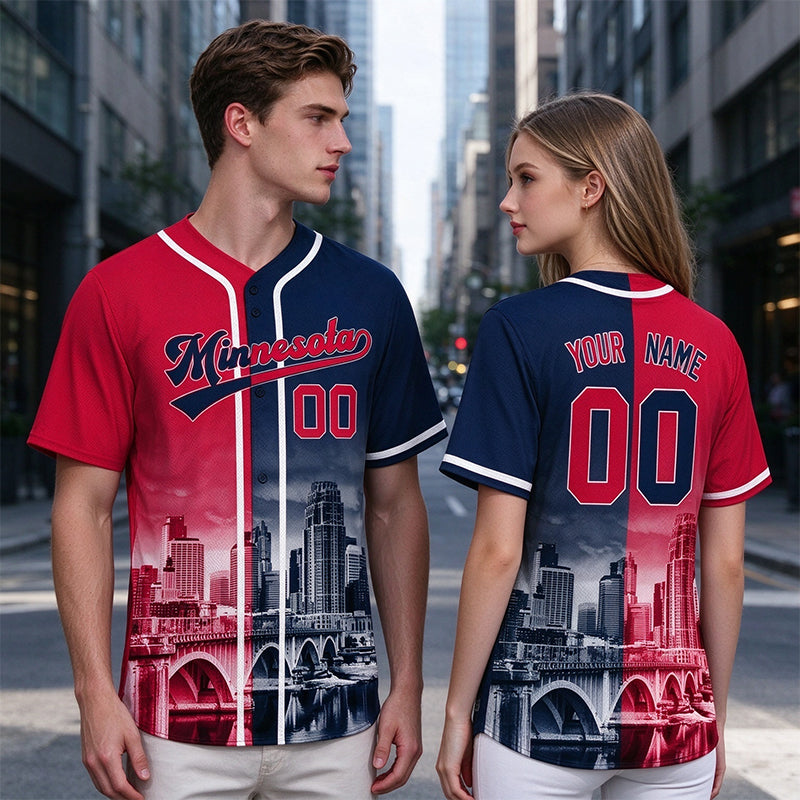 Custom Embroidered Minnesota City Skyline Baseball Jersey, Hip-Hop Two-tone Design, Personalized Your Name & Number