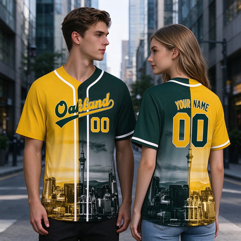 Custom Embroidered Oakland City Skyline Baseball Jersey, Hip-Hop Two-tone Design, Personalized Your Name & Number