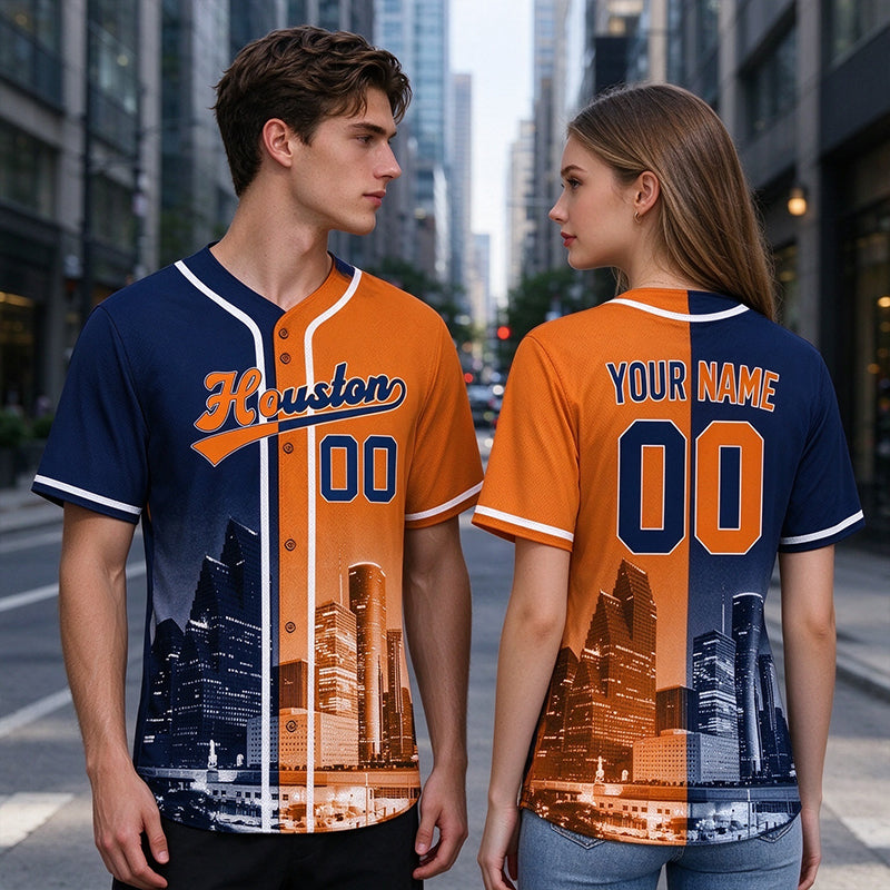 Custom Embroidered Houston City Skyline Baseball Jersey, Hip-Hop Two-tone Design, Personalized Your Name & Number