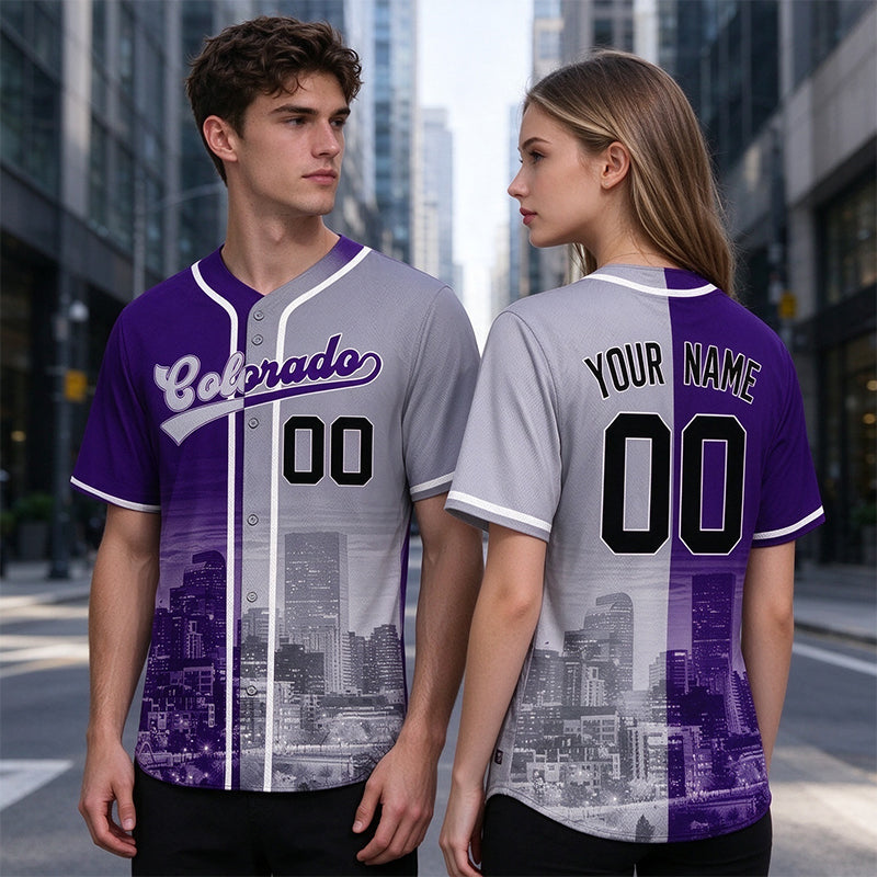 Custom Embroidered Colorado City Skyline Baseball Jersey, Hip-Hop Two-tone Design, Personalized Your Name & Number