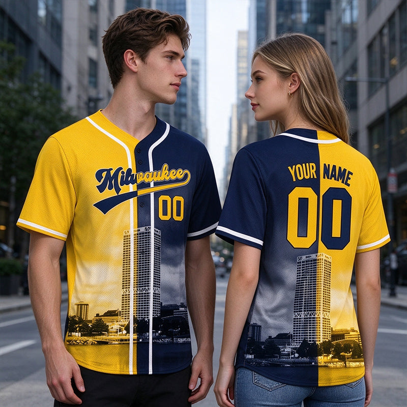 Custom Embroidered Milwaukee City Skyline Baseball Jersey, Hip-Hop Two-tone Design, Personalized Your Name & Number