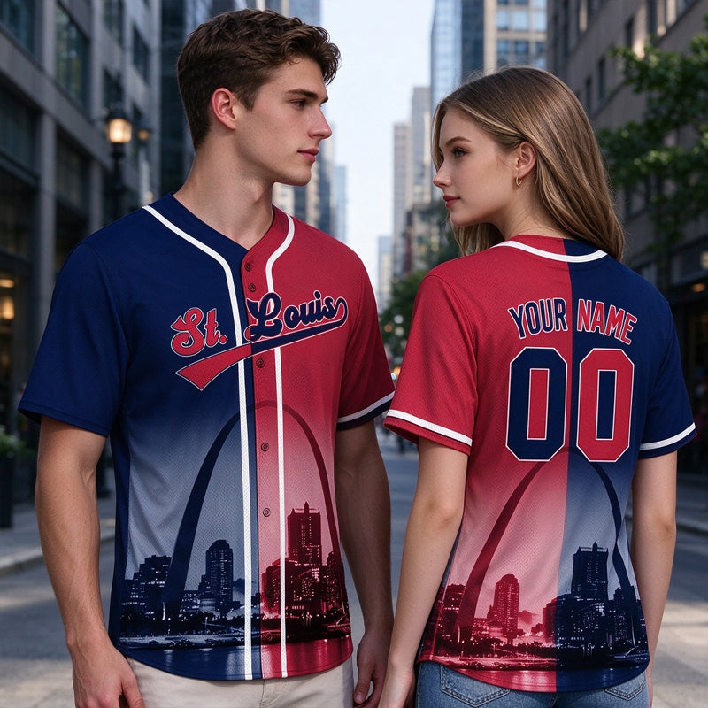Custom Embroidered St. Louis City Skyline Baseball Jersey, Hip-Hop Two-tone Design, Personalized Your Name & Number