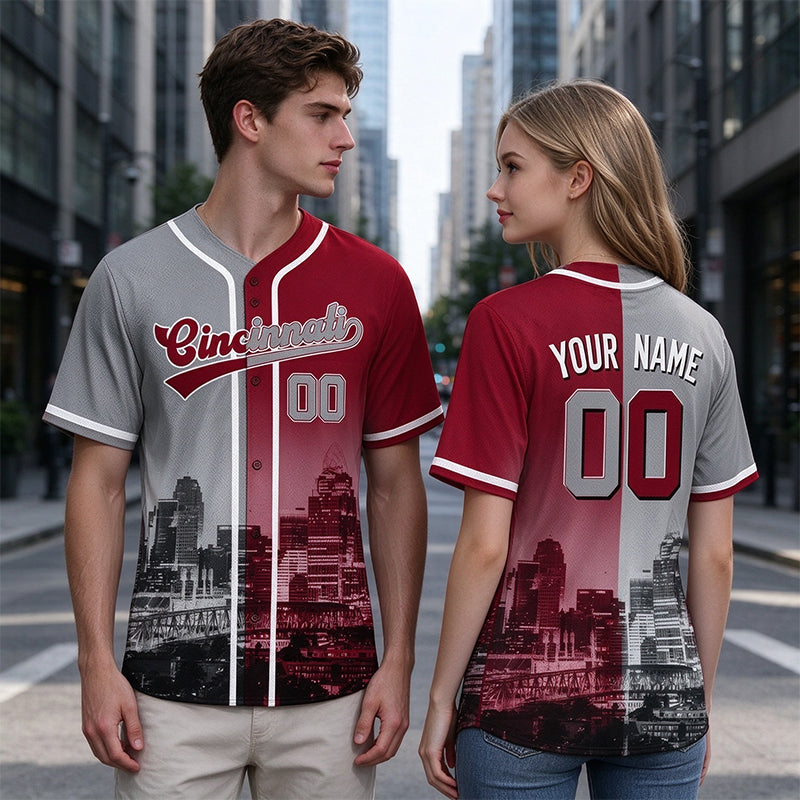 Custom Embroidered Cincinnati City Skyline Baseball Jersey, Hip-Hop Two-tone Design, Personalized Your Name & Number