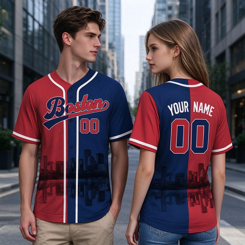 Custom Embroidered Boston City Skyline Baseball Jersey, Hip-Hop Two-tone Design, Personalized Your Name & Number