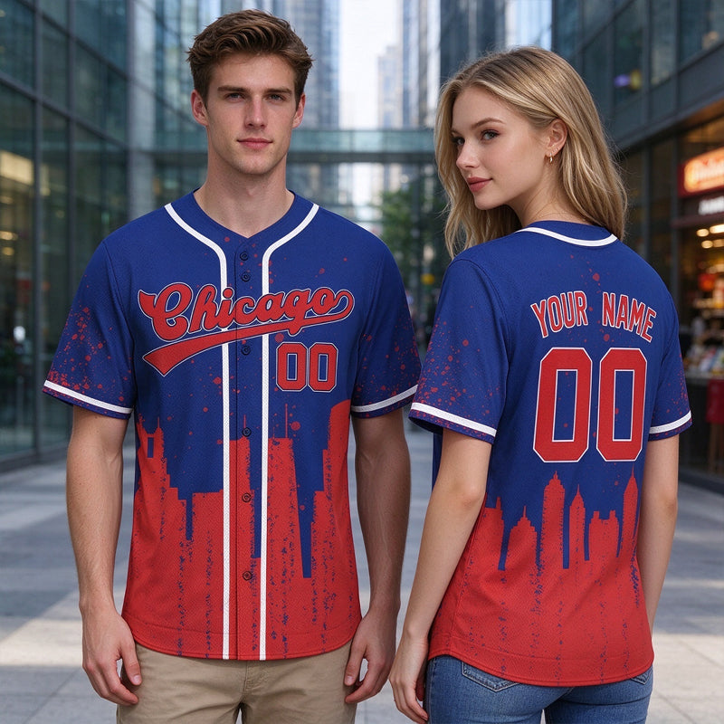 Custom Embroidered Chicago City Skyline Baseball Jersey, Hip-Hop Inkjet Design, Personalized Your Name & Number
