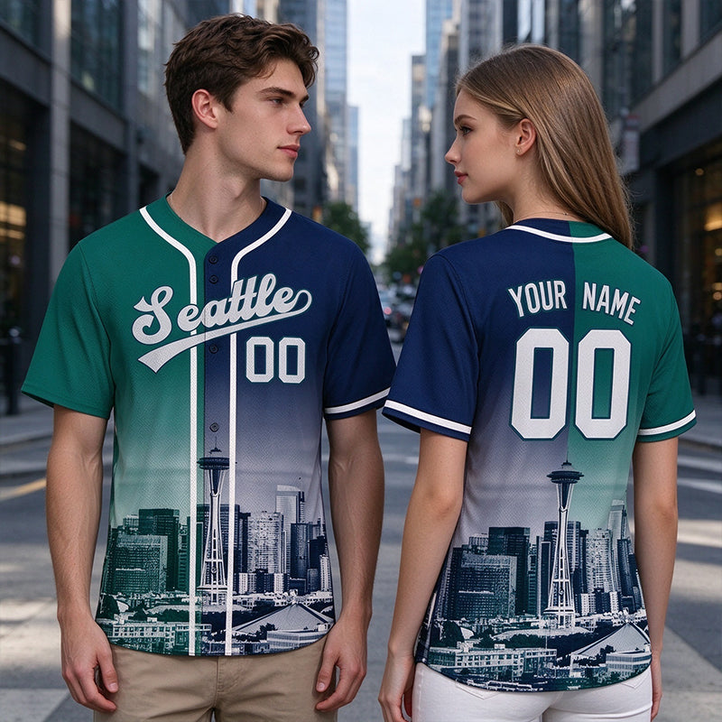 Custom Embroidered Seattle City Skyline Baseball Jersey, Hip-Hop Two-tone Design, Personalized Your Name & Number