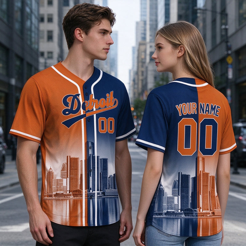 Custom Embroidered Detroit City Skyline Baseball Jersey, Hip-Hop Two-tone Design, Personalized Your Name & Number