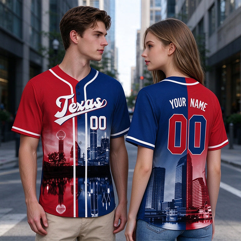 Custom Embroidered Texas City Skyline Baseball Jersey, Hip-Hop Two-tone Design, Personalized Your Name & Number