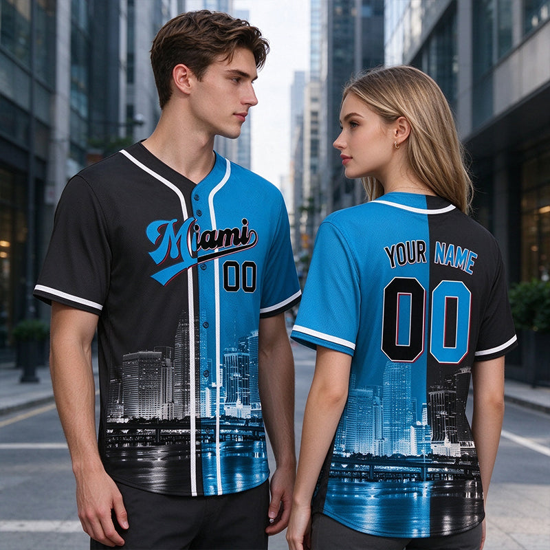 Custom Embroidered Miami City Skyline Baseball Jersey, Hip-Hop Two-tone Design, Personalized Your Name & Number