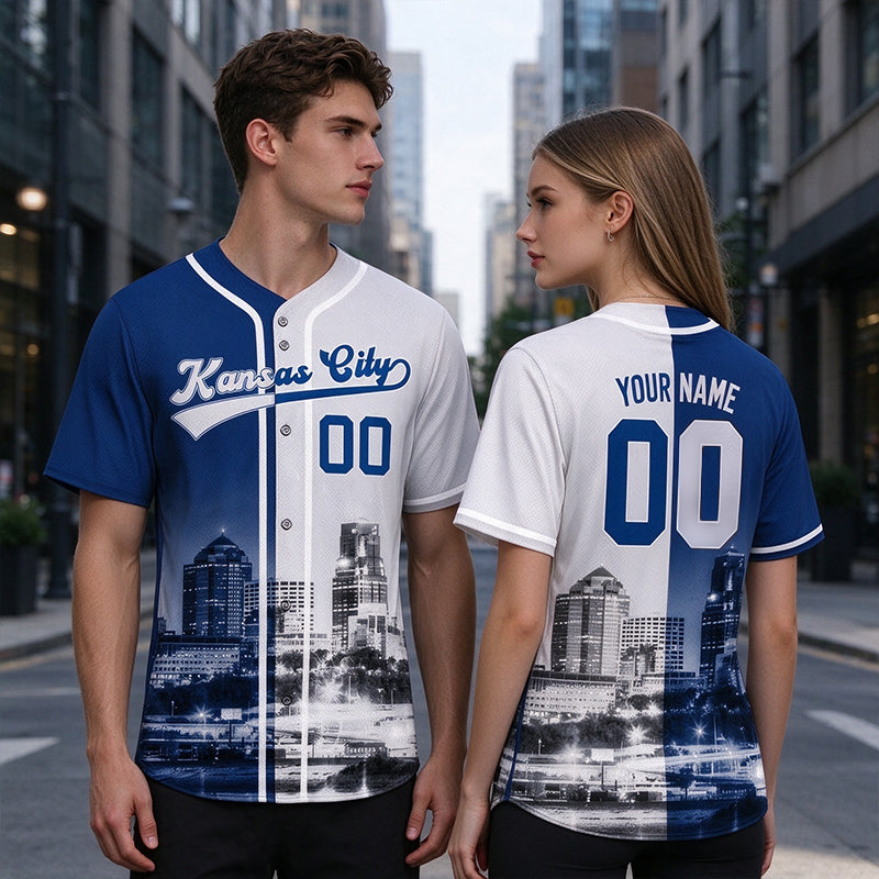 Custom Embroidered Kansas City Skyline Baseball Jersey, Hip-Hop Two-tone Design, Personalized Your Name & Number