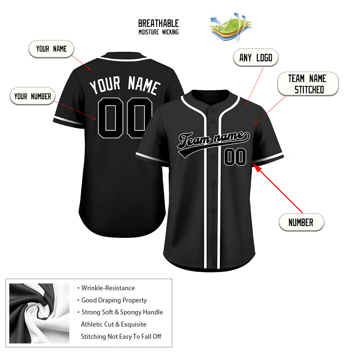 Custom Embroidered Black Baseball Jersey, Personalized Baseball Sports Uniform For  Men Women Youth Boy