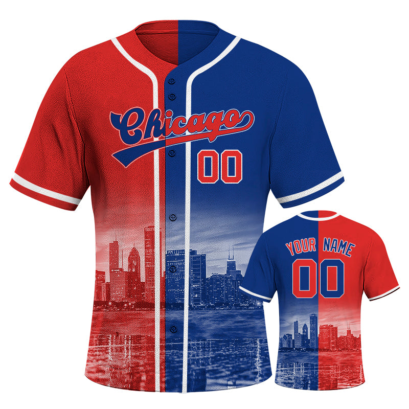 Custom Embroidered Chicago City Skyline Baseball Jersey, Hip-Hop Two-tone Design, Personalized Your Name & Number