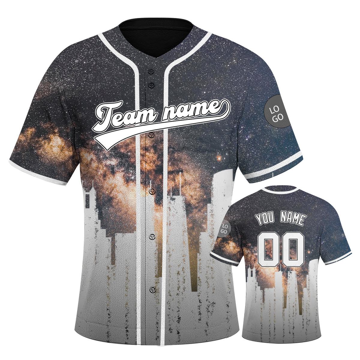 Custom Embroidered CHICAGO Black City Skyline Baseball Jersey, Hip-Hop Galaxy Design, Personalized Your Name & Number