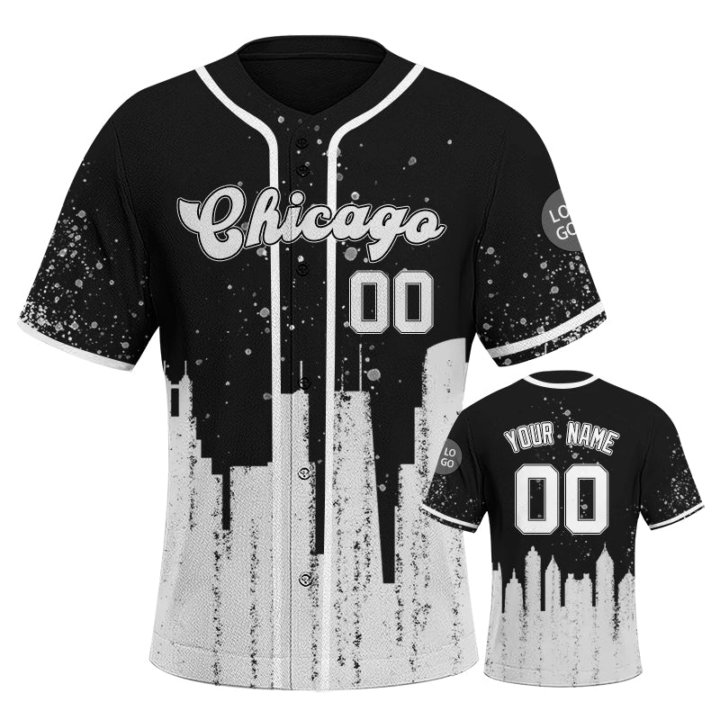 Custom Embroidered Chicago City Skyline Baseball Jersey, Hip-Hop Inkjet Design, Personalized Your Name & Number