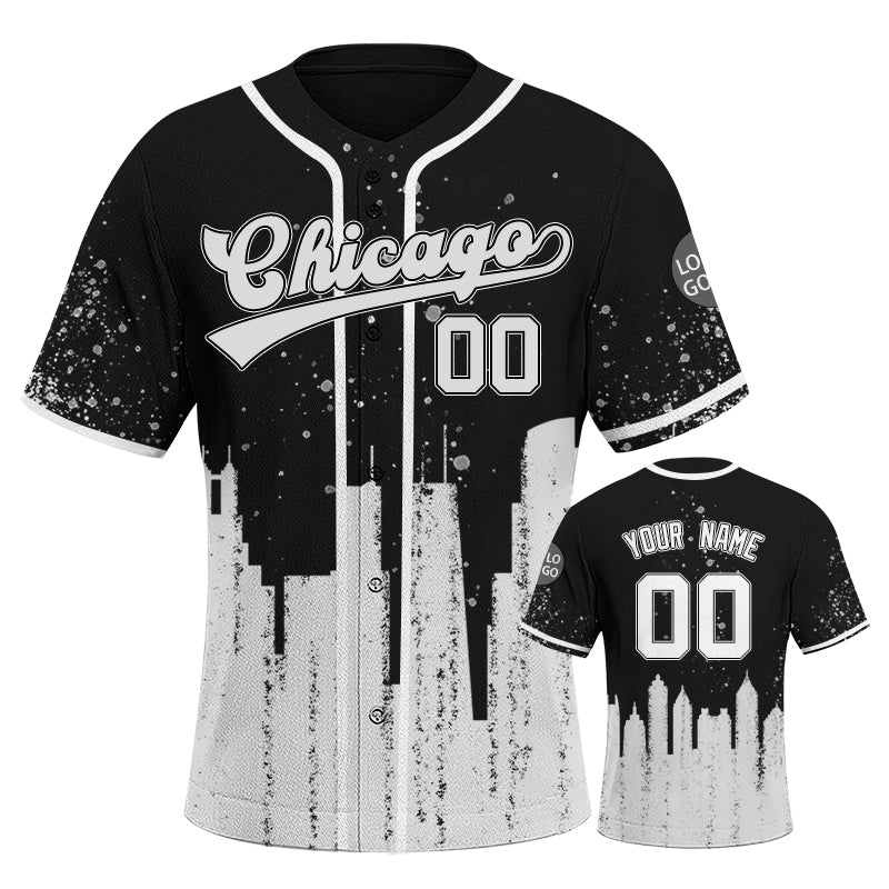 Custom Embroidered Chicago City Skyline Baseball Jersey, Hip-Hop Inkjet Design, Personalized Your Name & Number