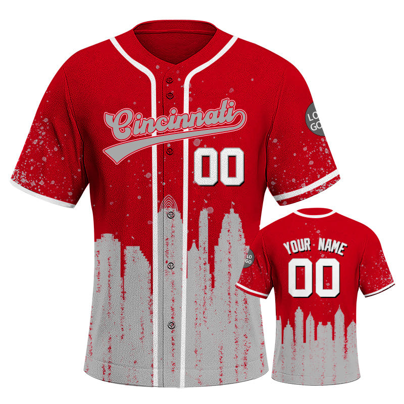 Custom Embroidered Cincinnati City Skyline Baseball Jersey, Hip-Hop Inkjet Design, Personalized Your Name & Number