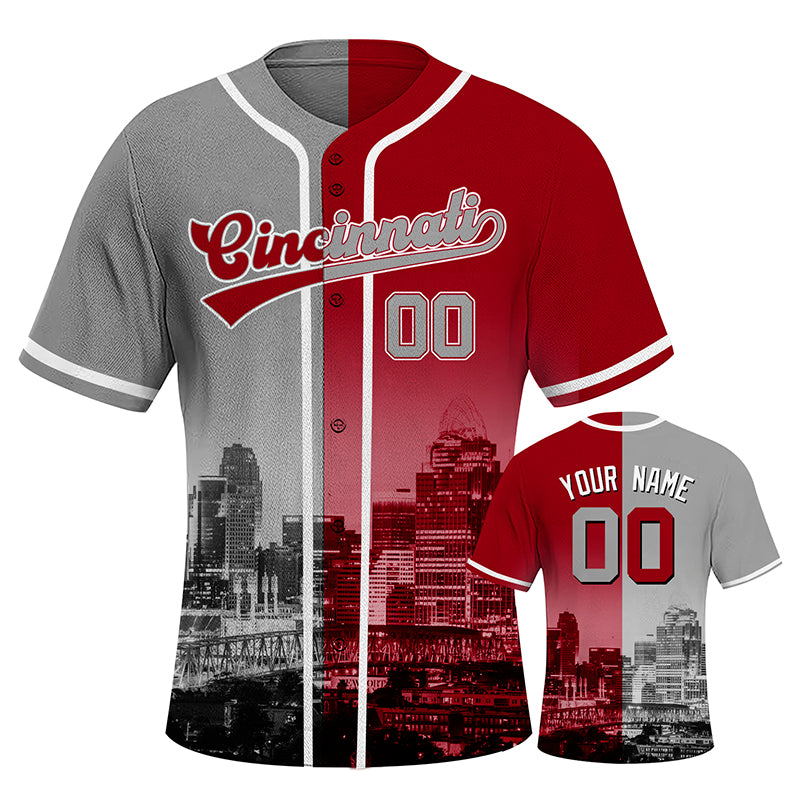 Custom Embroidered Cincinnati City Skyline Baseball Jersey, Hip-Hop Two-tone Design, Personalized Your Name & Number